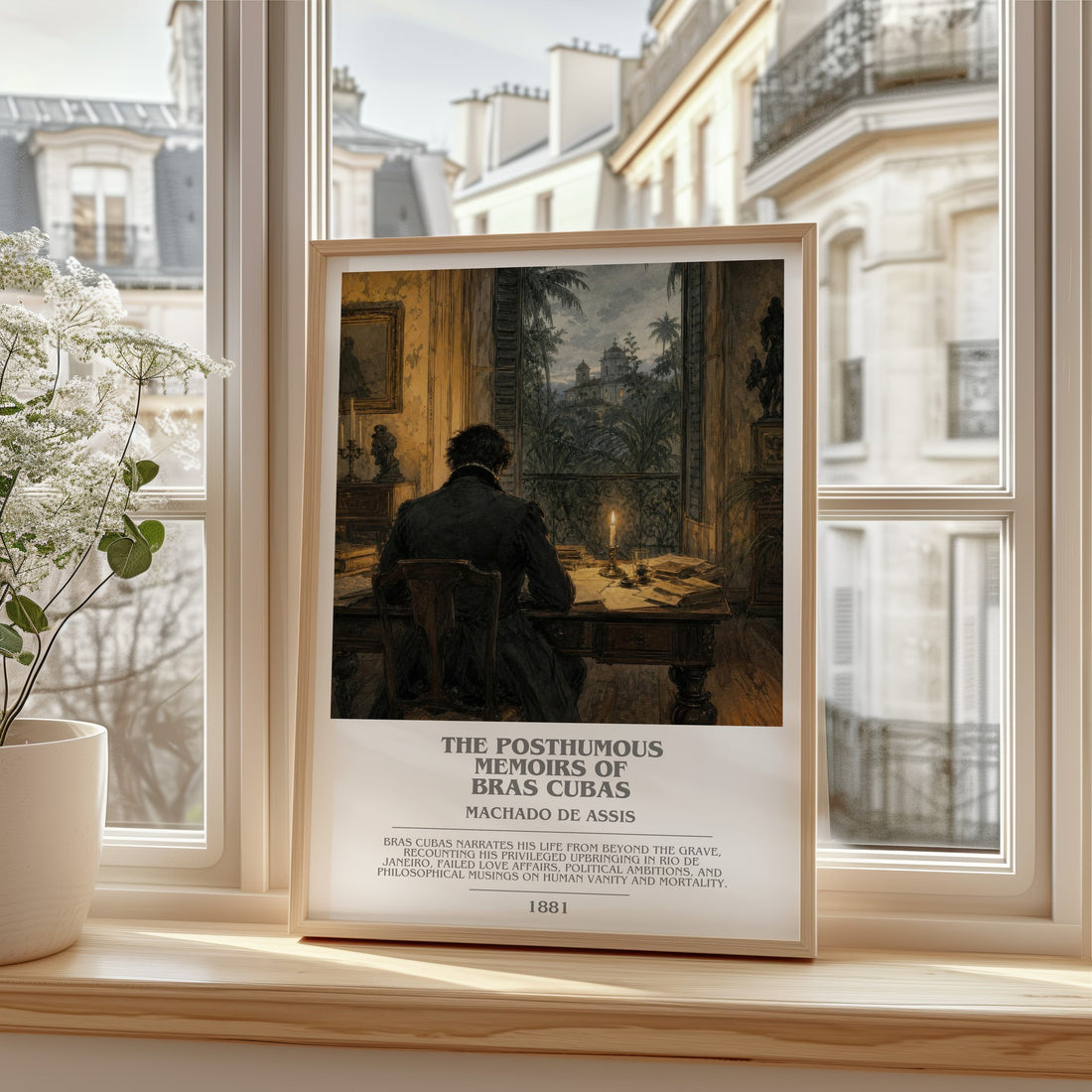 The Posthumous Memoirs of Bras Cubas bookish print in frame leaning in hallway – satire wall art