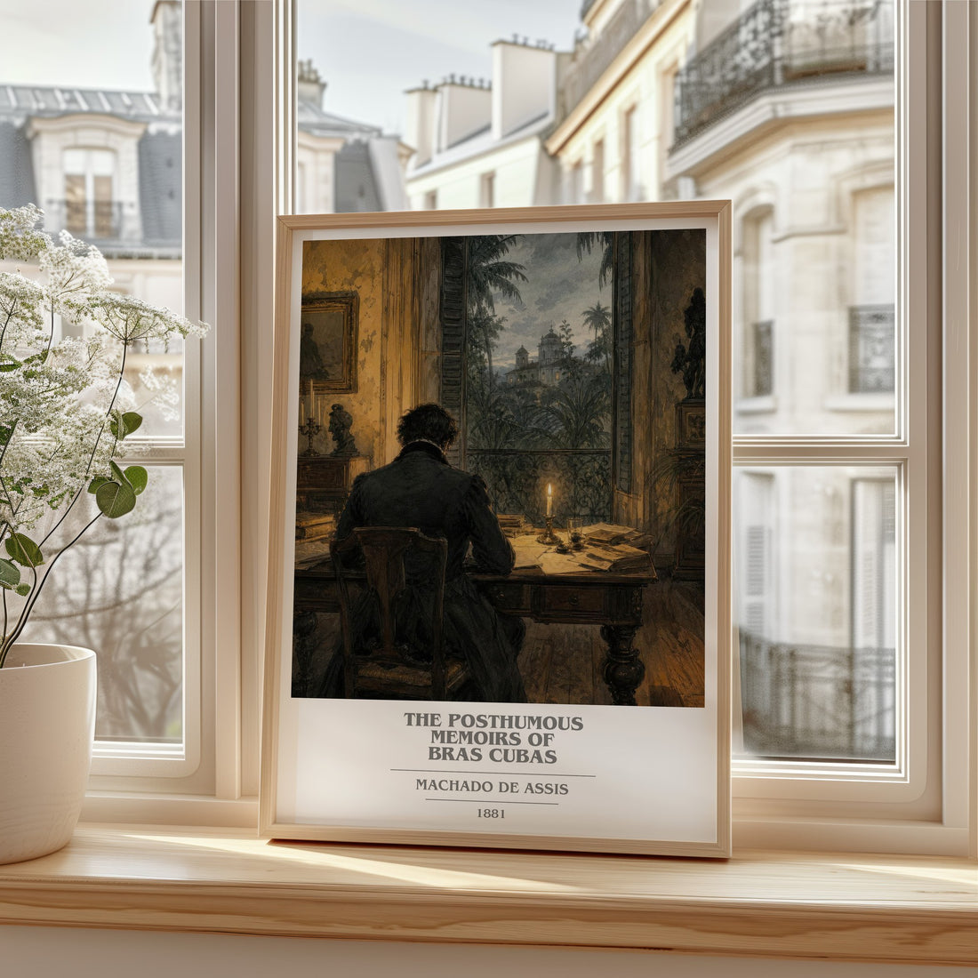 The Posthumous Memoirs of Bras Cubas book cover print in frame leaning in hallway – satire wall art