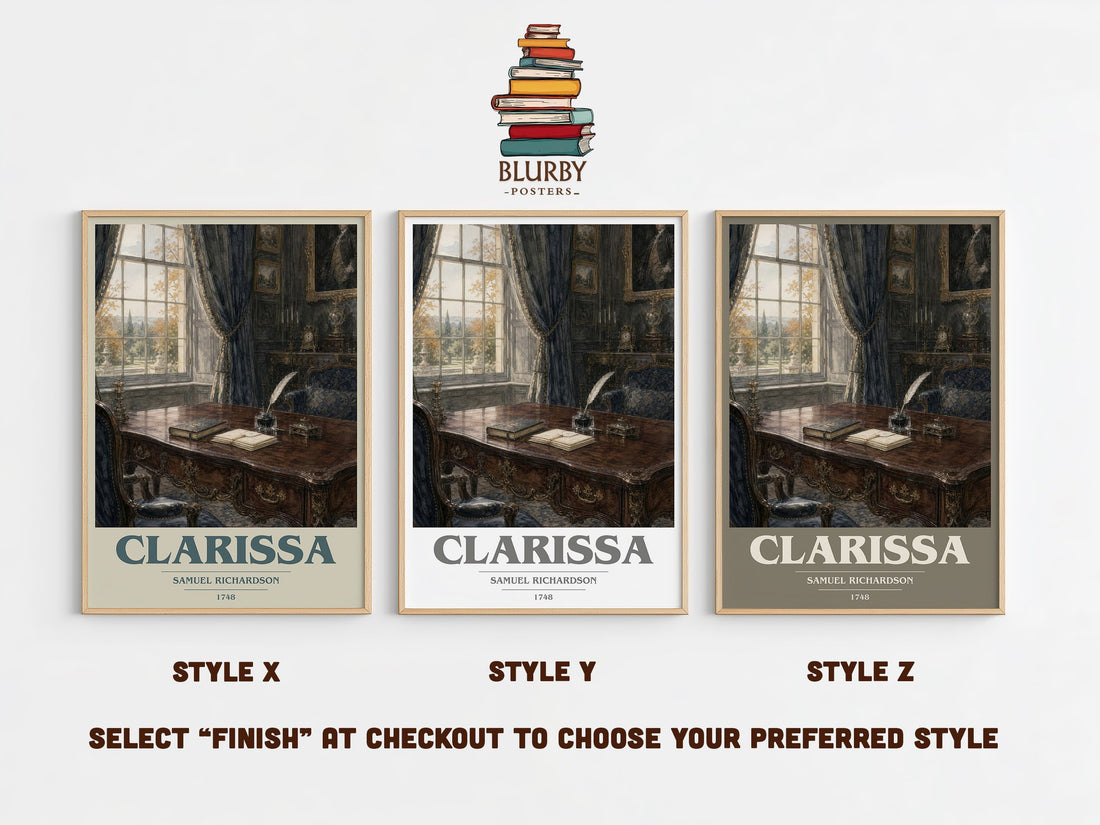 Clarissa book cover print in frame leaning in hallway – classic literature wall art (mockup)