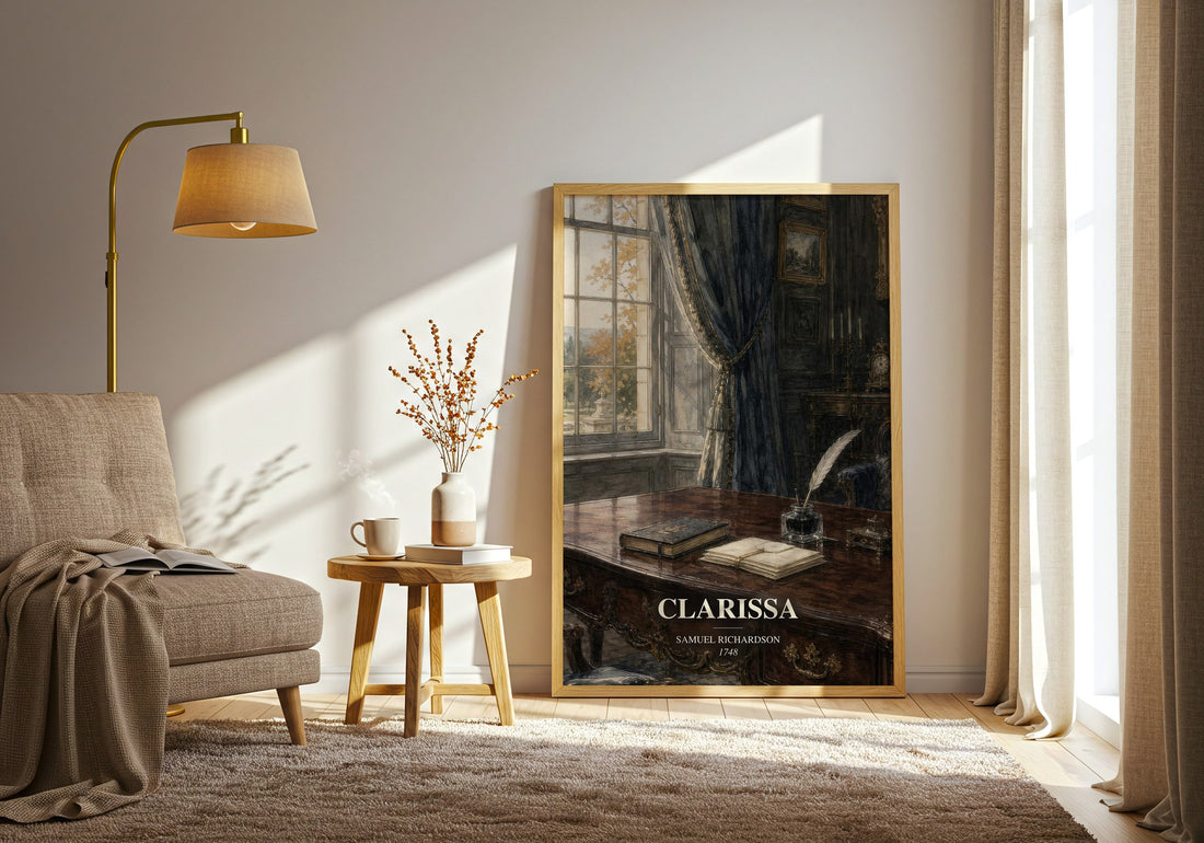 Clarissa watercolour print in frame leaning in hallway – classic literature wall art