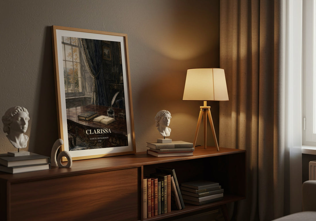 Clarissa watercolour print on bookshelf – Samuel Richardson fan gift