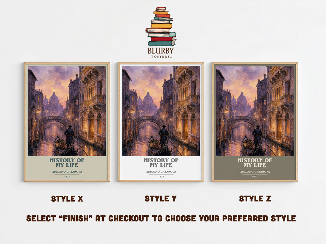 History of My Life book cover print in frame leaning in hallway – memoir wall art (mockup)