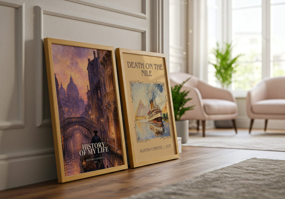 History of My Life watercolour print framed by window – literary home decor