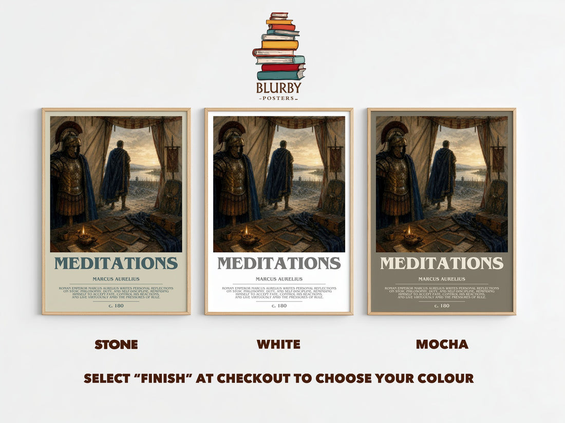 Meditations bookish print framed by window – Stone, White and Mocha side by side – choose your colour