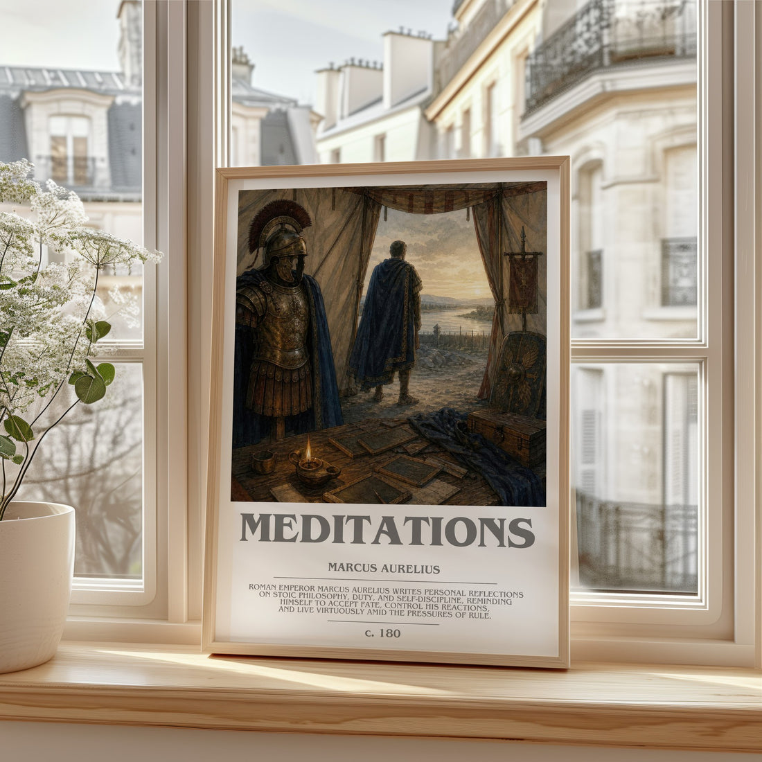 Meditations bookish print in frame leaning in hallway – philosophy wall art