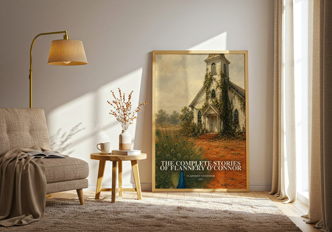The Complete Stories of Flannery O'Connor watercolour print in frame leaning in hallway – literary fiction wall art