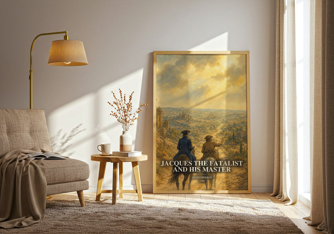 Jacques the Fatalist and His Master watercolour print in frame leaning in hallway – philosophy wall art