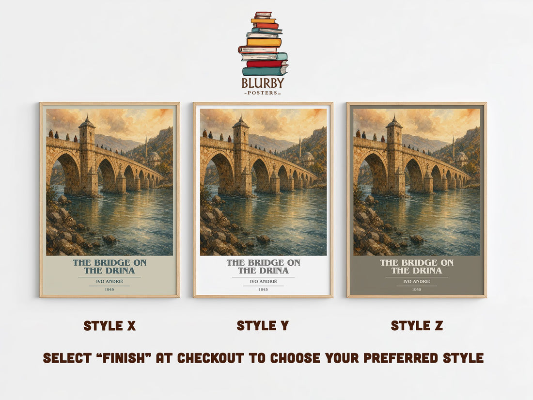 The Bridge on the Drina book cover print in frame leaning in hallway – historical fiction wall art (mockup)