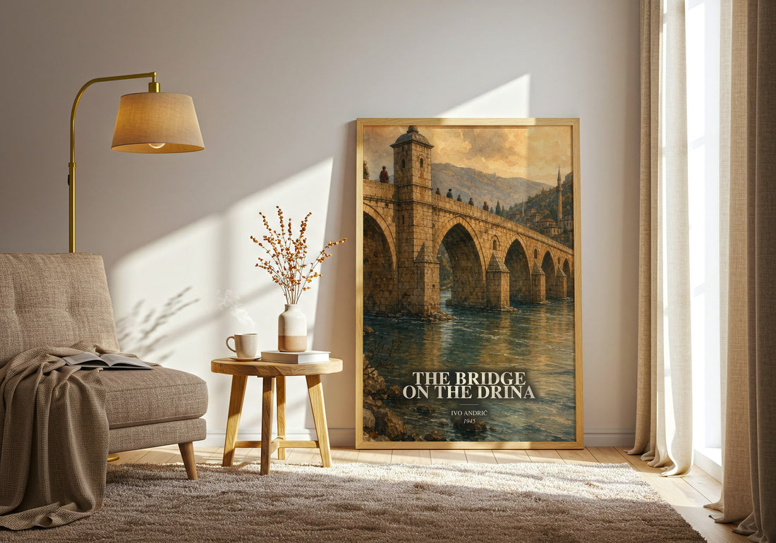 The Bridge on the Drina watercolour print in frame leaning in hallway – historical fiction wall art