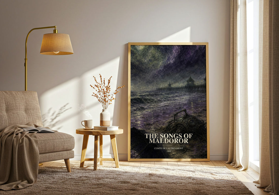 The Songs of Maldoror watercolour print in frame leaning in hallway – poetry wall art