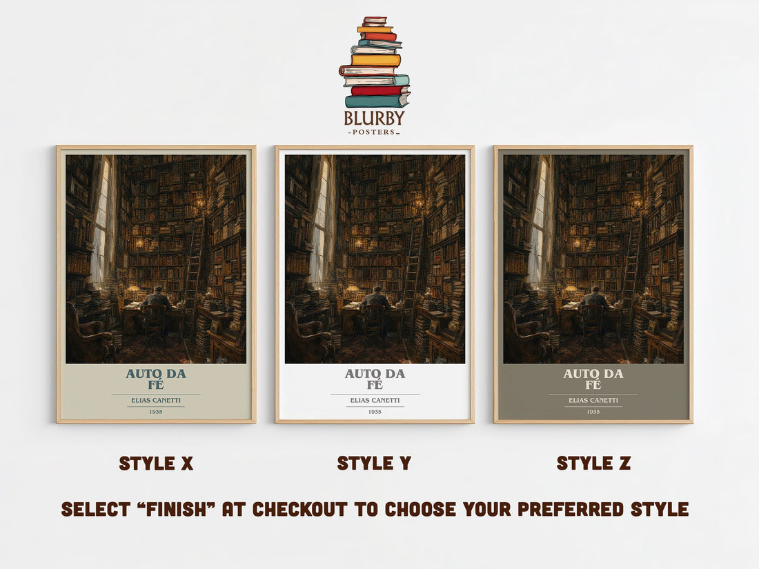 Auto Da Fé book cover print in frame leaning in hallway – literary fiction wall art (mockup)