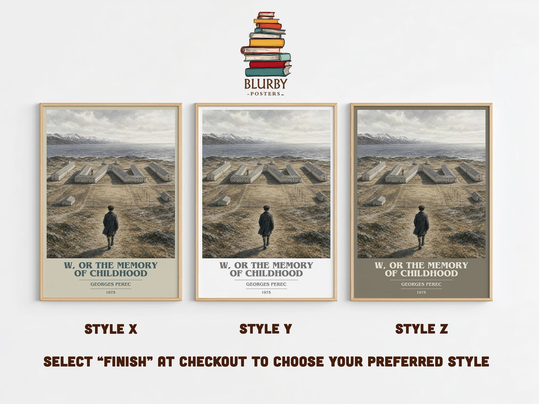 W, or the Memory of Childhood book cover print in frame leaning in hallway – literary fiction wall art (mockup)