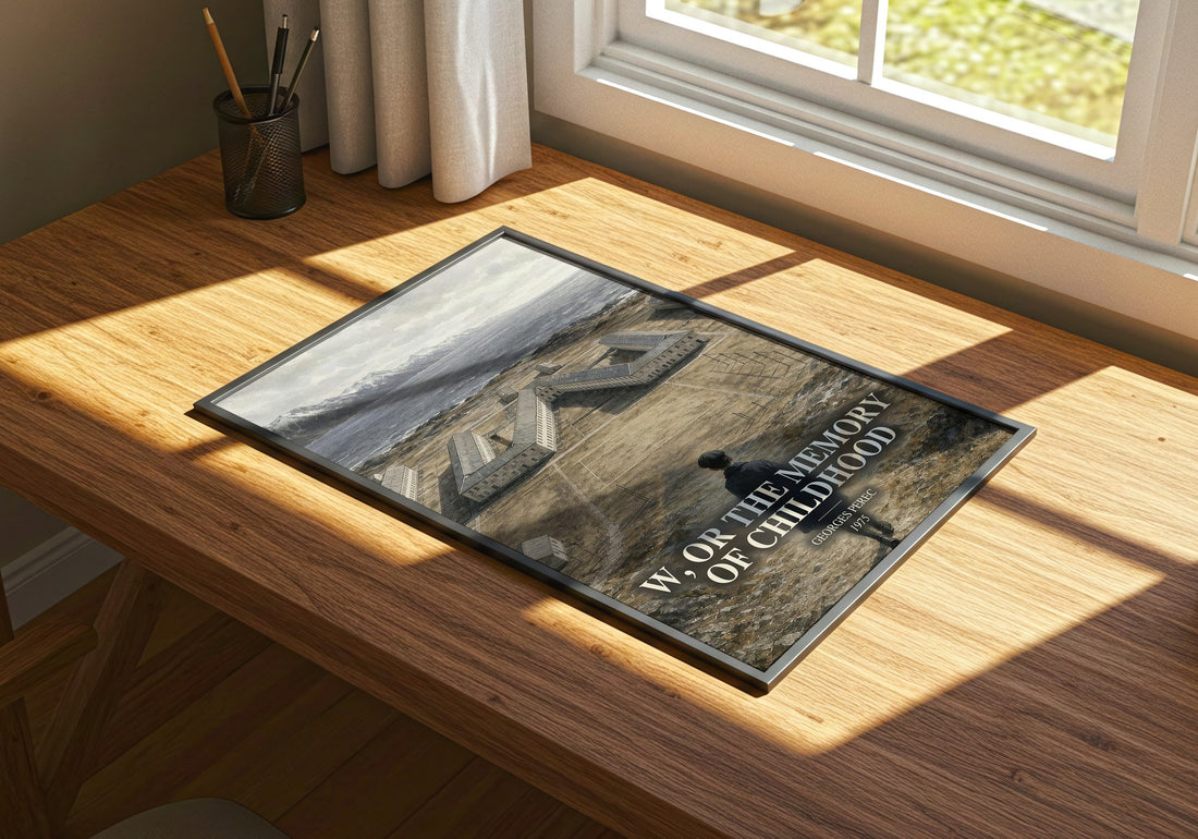 W, or the Memory of Childhood watercolour book poster framed on wall – literary fiction wall art