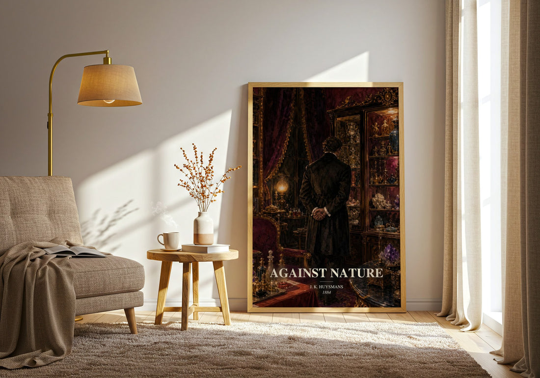 Against Nature watercolour print in frame leaning in hallway – literary fiction wall art
