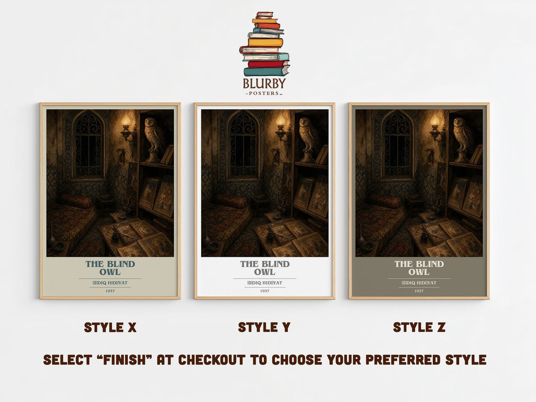 The Blind Owl book cover print in frame leaning in hallway – literary fiction wall art