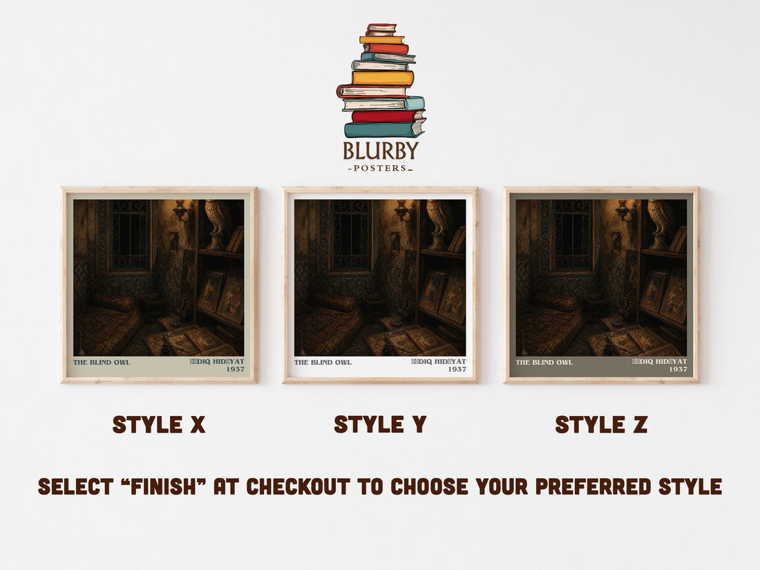 The Blind Owl literary print in frame leaning in hallway – literary fiction wall art (mockup)