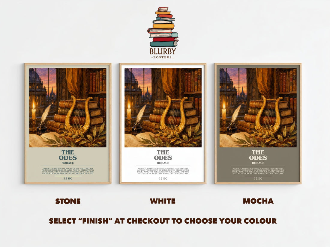 The Odes bookish print framed by window – Stone, White and Mocha side by side – choose your colour