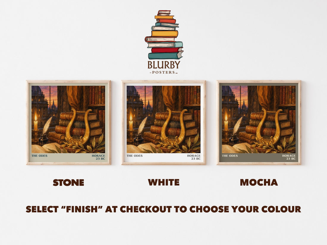 The Odes literary print framed by window – Stone, White and Mocha square prints side by side – choose your colour