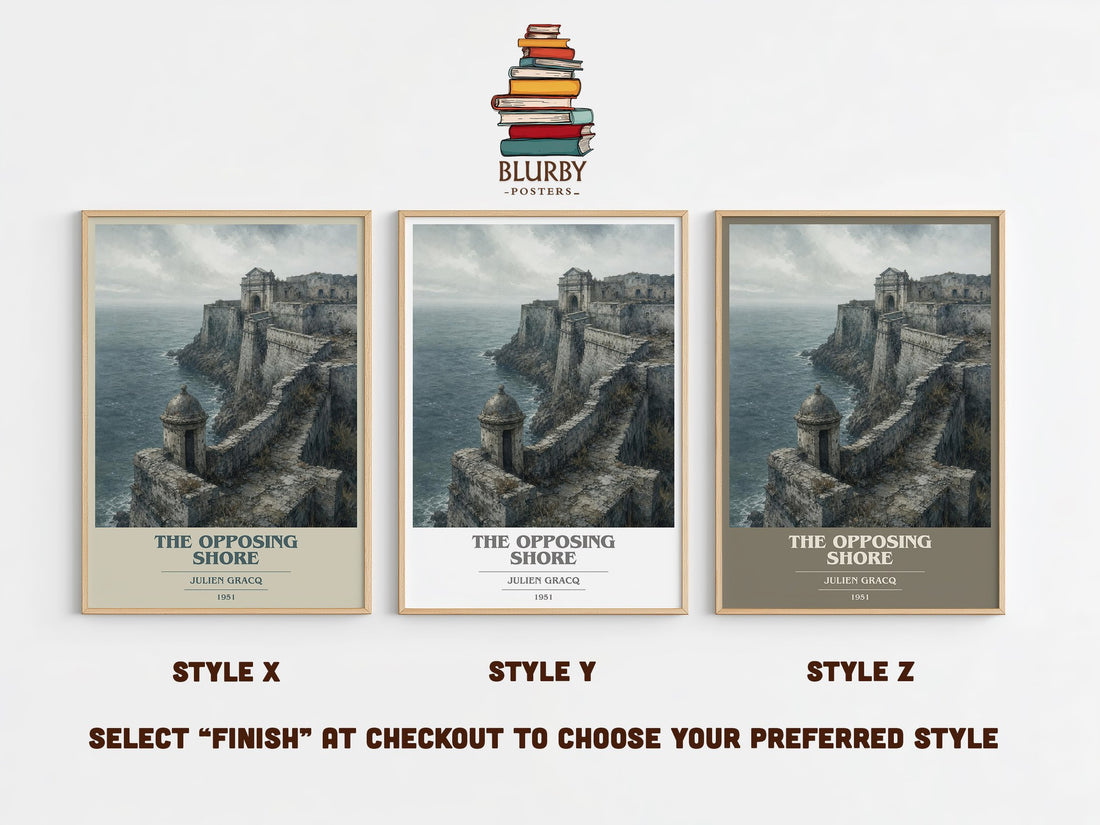 The Opposing Shore book cover print in frame leaning in hallway – literary fiction wall art (mockup)