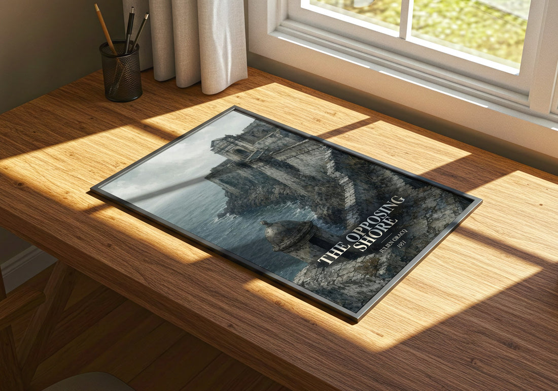 The Opposing Shore watercolour book poster framed on wall – literary fiction wall art