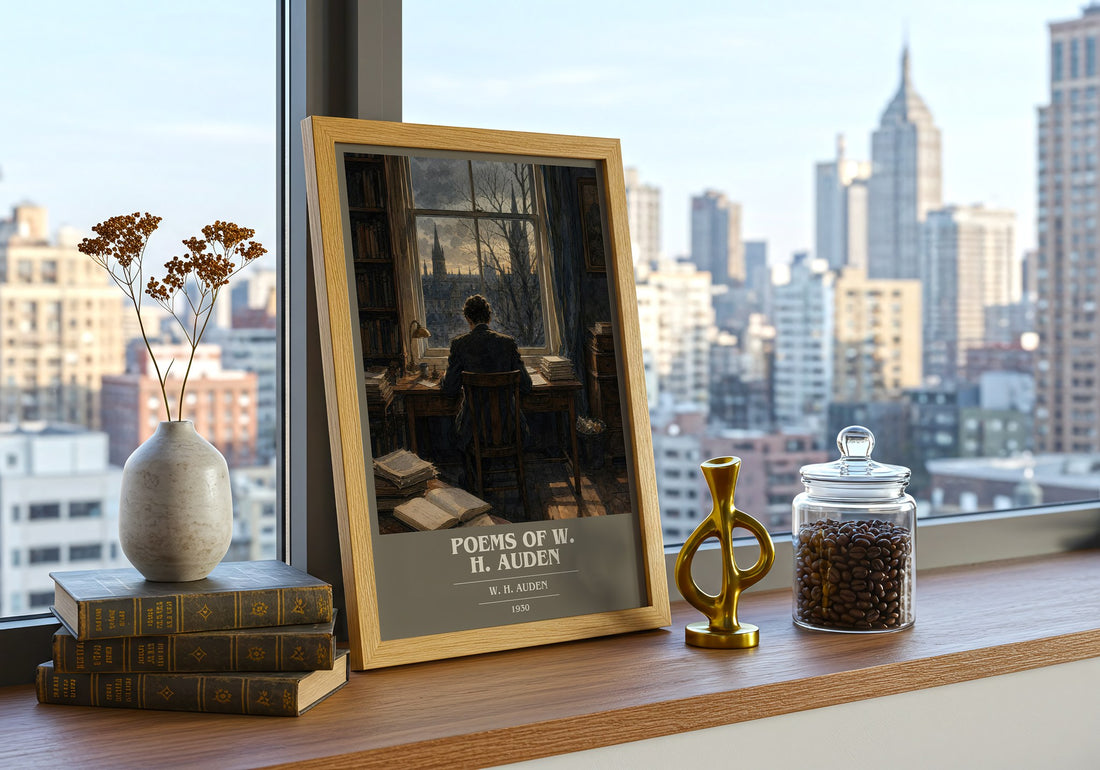 Poems of W. H. Auden book cover print framed by window – literary home decor