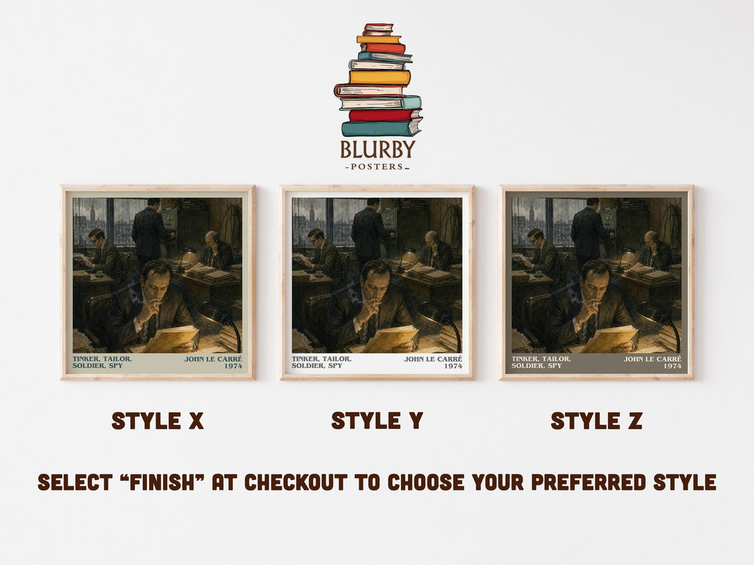 Tinker, Tailor, Soldier, Spy literary print in frame leaning in hallway – thriller wall art (mockup)