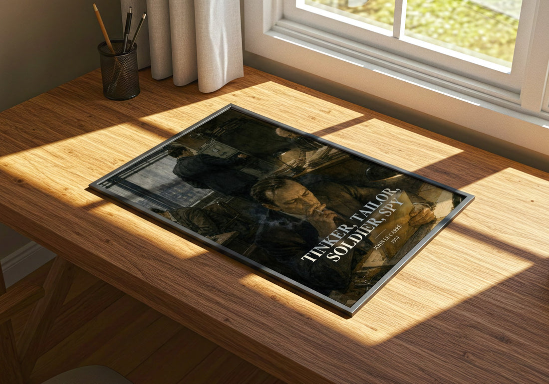 Tinker, Tailor, Soldier, Spy watercolour book poster framed on wall – thriller wall art