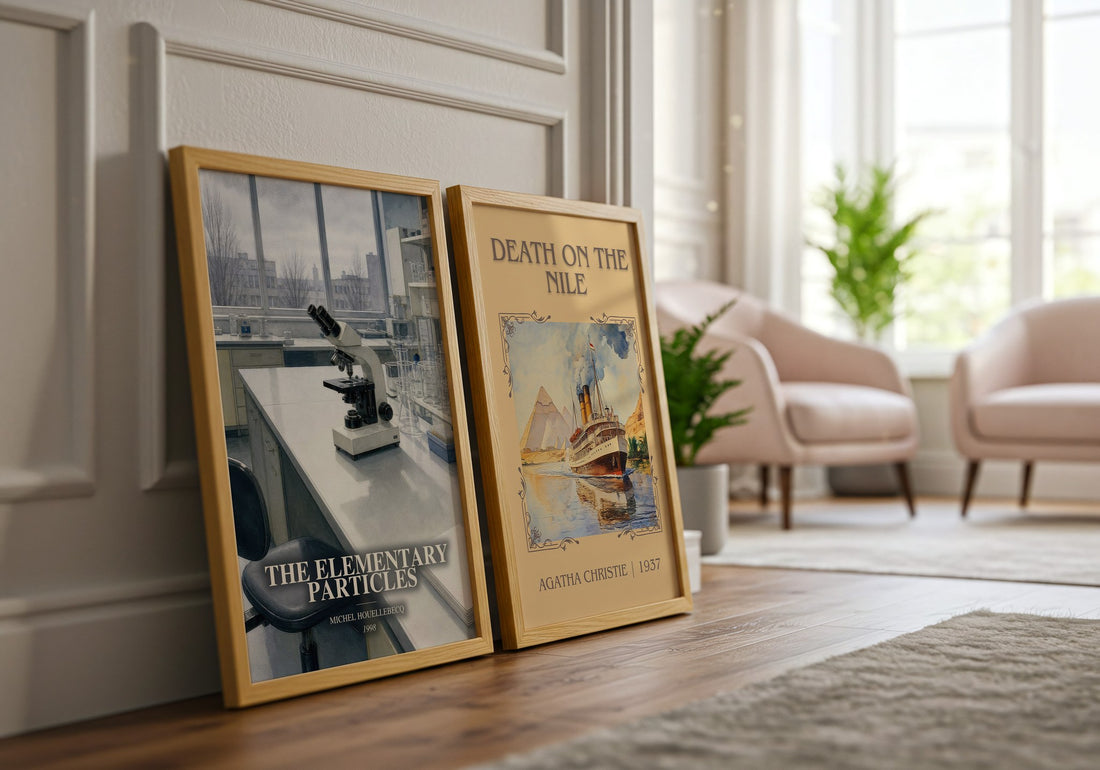 The Elementary Particles watercolour print framed by window – literary home decor