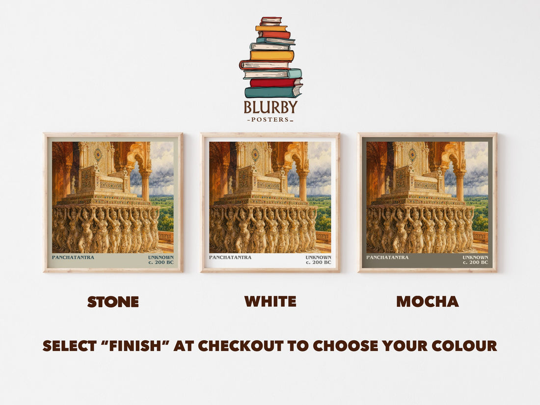Panchatantra literary print framed by window – Stone, White and Mocha square prints side by side – choose your colour