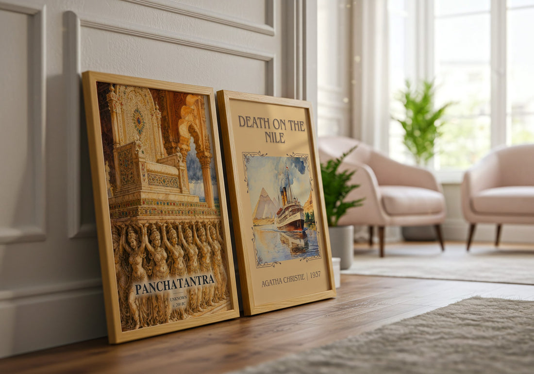 Panchatantra watercolour print framed by window – literary home decor