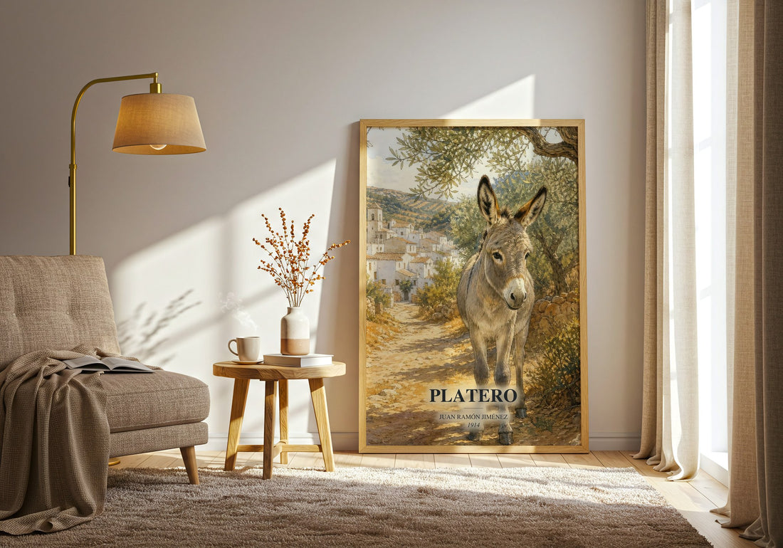 Platero watercolour print in frame leaning in hallway – poetry wall art