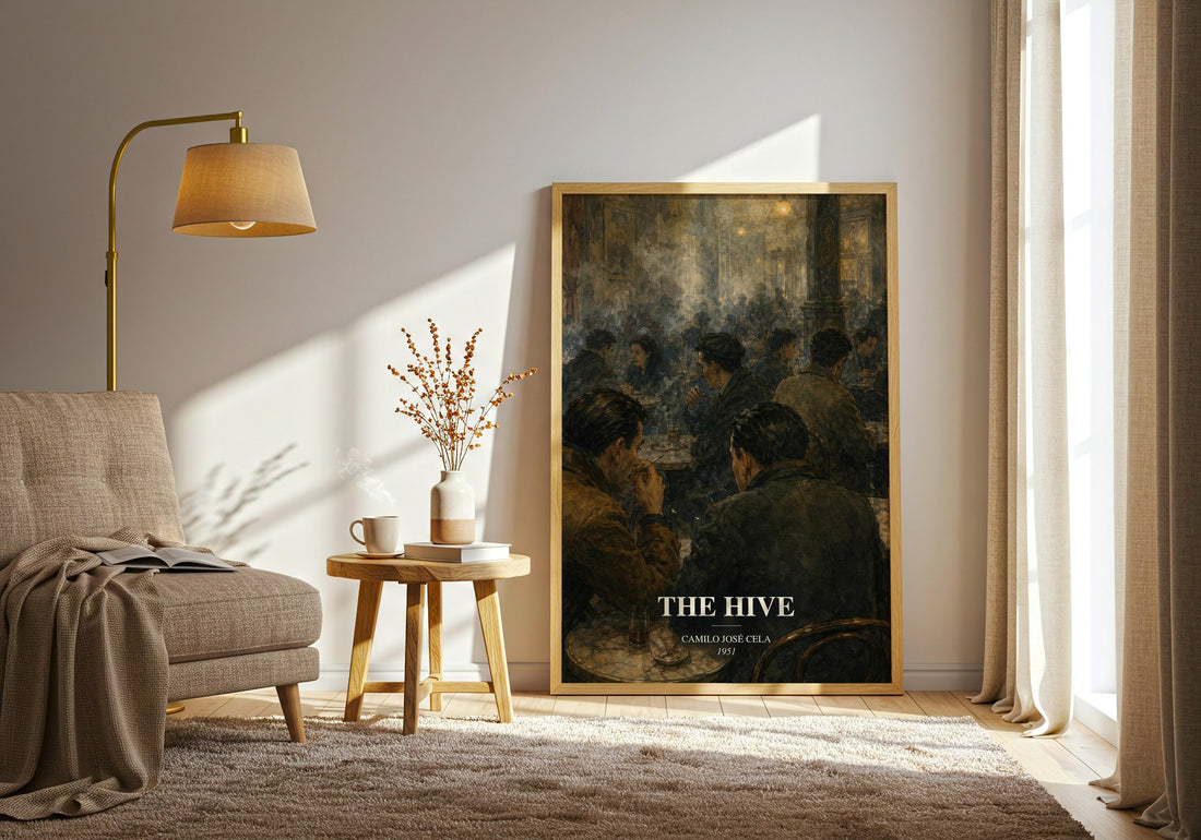 The Hive watercolour print in frame leaning in hallway – literary fiction wall art