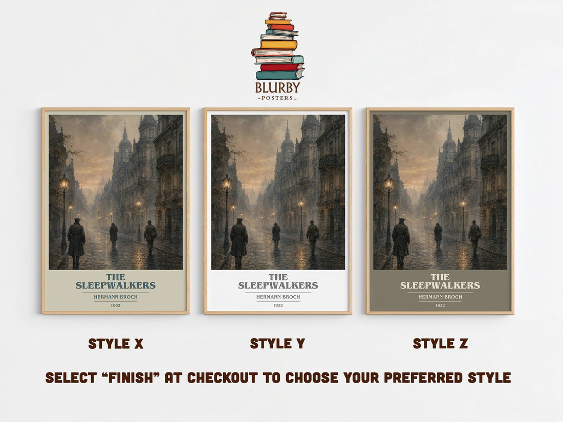 The Sleepwalkers book cover print in frame leaning in hallway – literary fiction wall art (mockup)