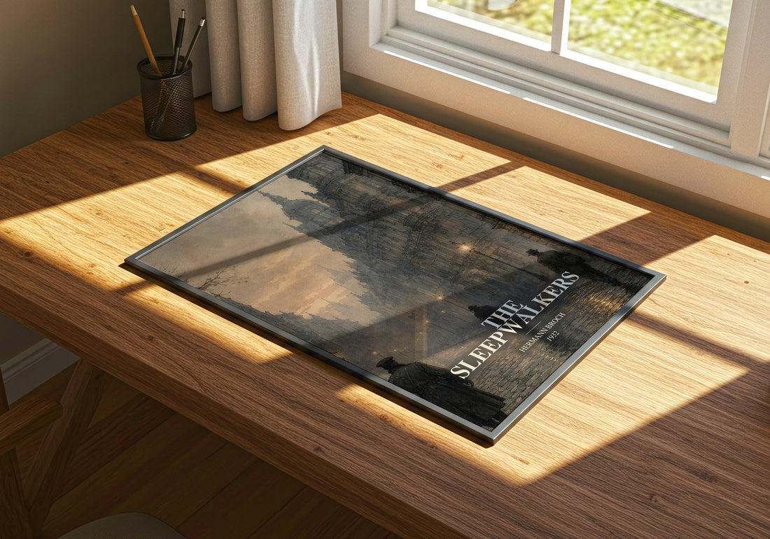 The Sleepwalkers watercolour book poster framed on wall – literary fiction wall art