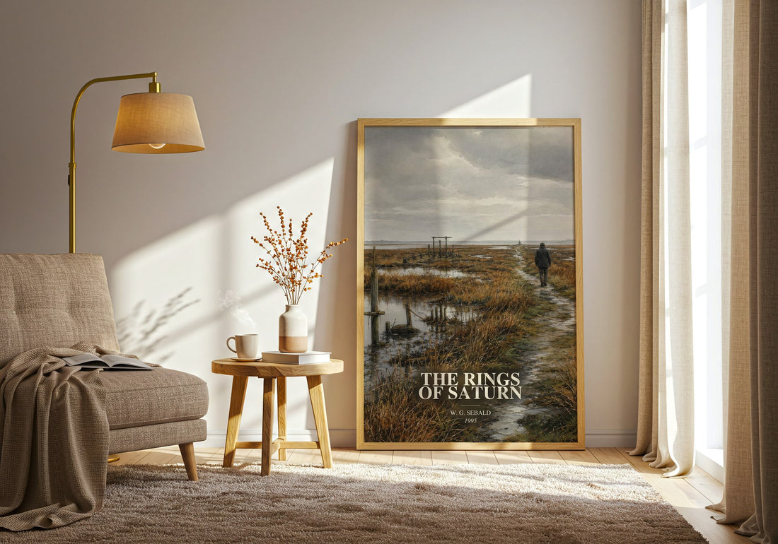 The Rings of Saturn watercolour print in frame leaning in hallway – non fiction wall art