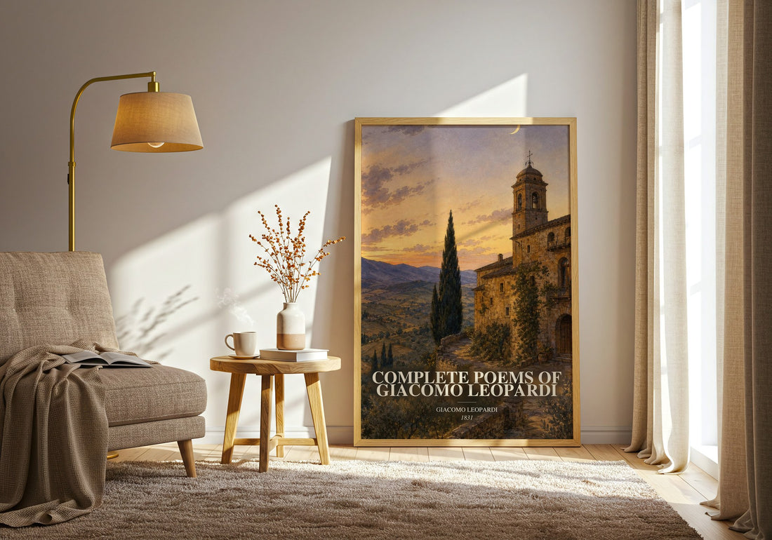 Complete Poems of Giacomo Leopardi watercolour print in frame leaning in hallway – poetry wall art