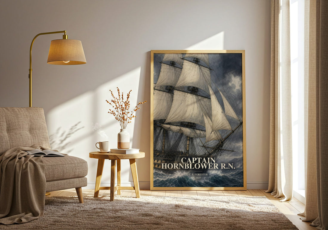 Captain Hornblower R.N. watercolour print in frame leaning in hallway – historical fiction wall art