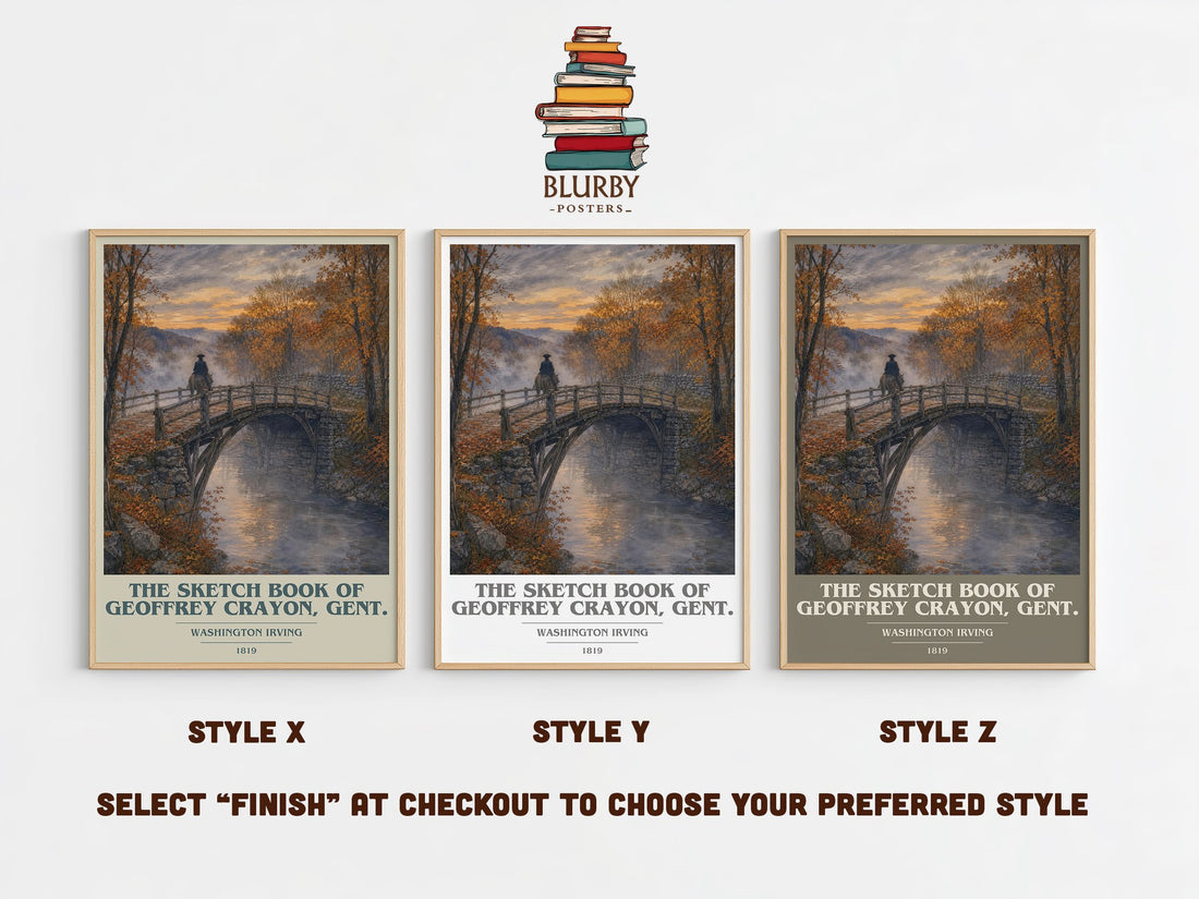 The Sketch Book Of Geoffrey Crayon, Gent. book cover print in frame leaning in hallway – classic literature wall art (mockup)