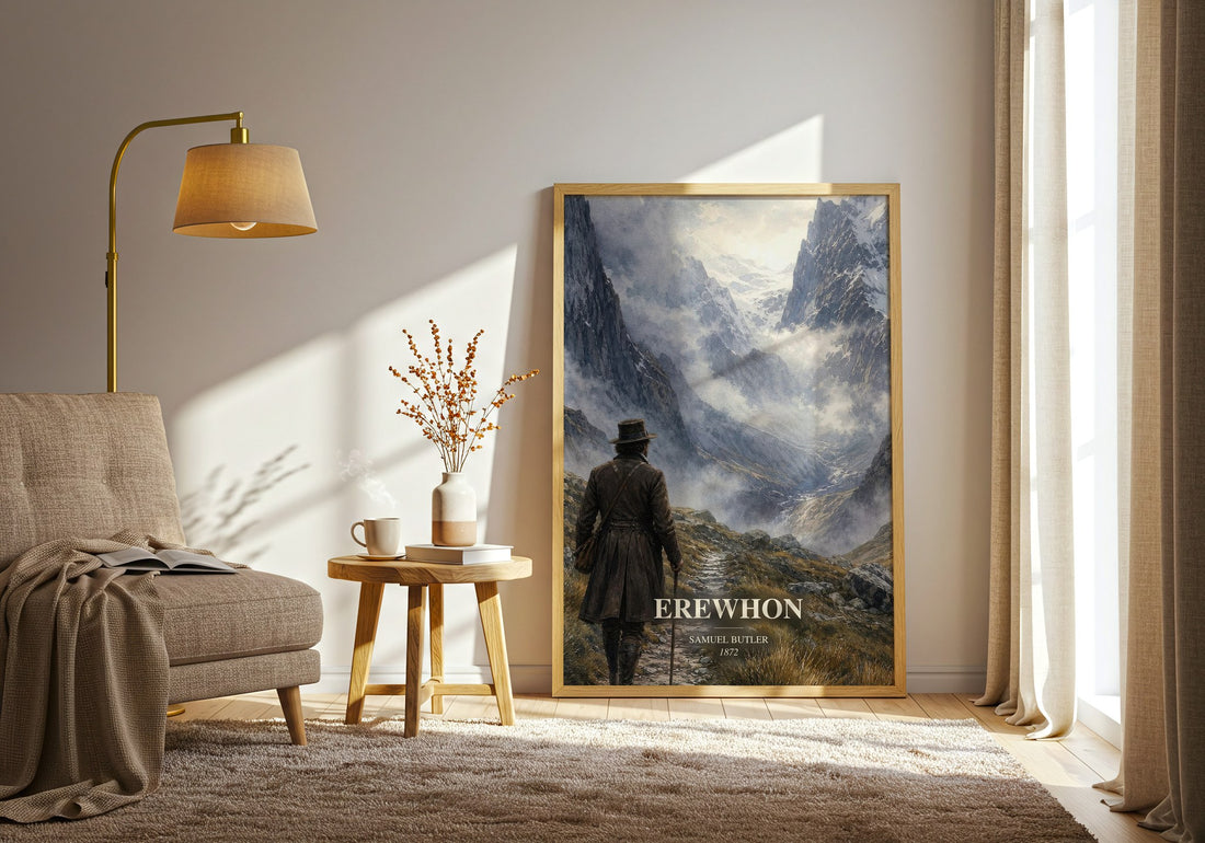 Erewhon watercolour print in frame leaning in hallway – satire wall art