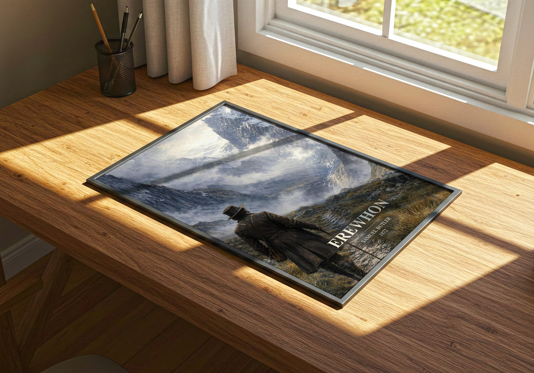 Erewhon watercolour book poster framed on wall – satire wall art