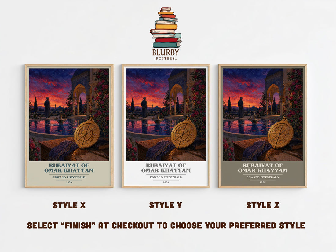 Rubaiyat of Omar Khayyam book cover print in frame leaning in hallway – poetry wall art (mockup)