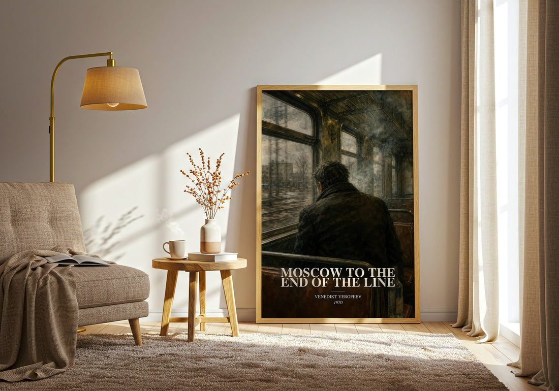 Moscow to the End of the Line watercolour print in frame leaning in hallway – literary fiction wall art