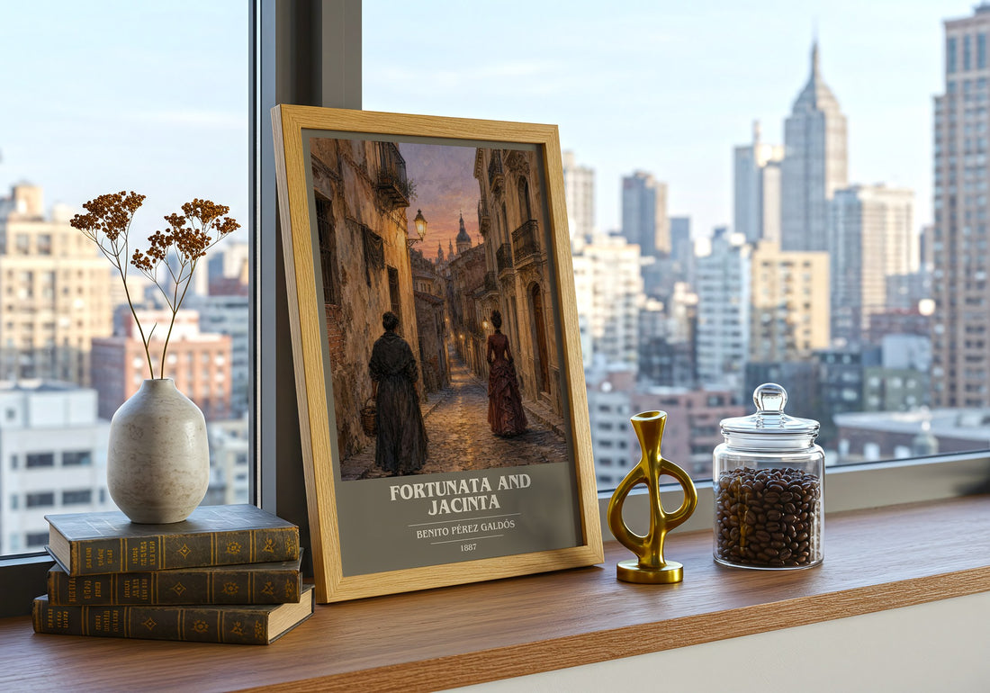 Fortunata and Jacinta book cover print framed by window – literary home decor