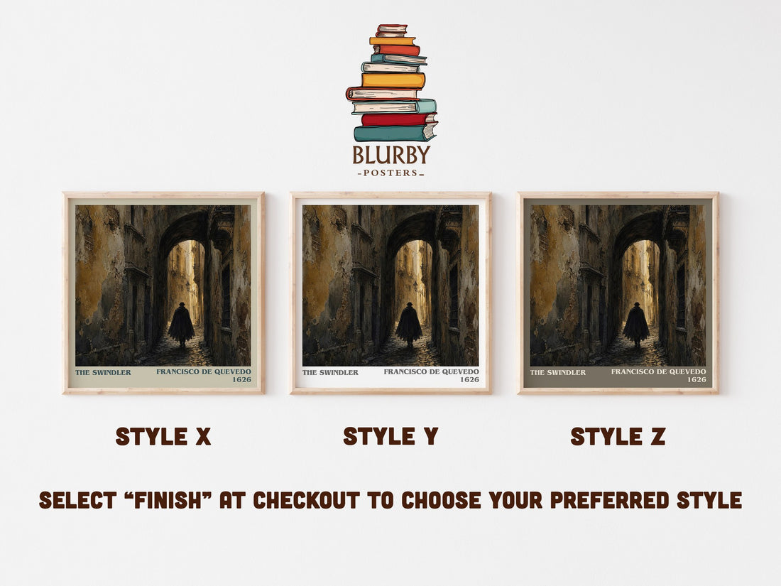 The Swindler literary print in frame leaning in hallway – satire wall art (mockup)