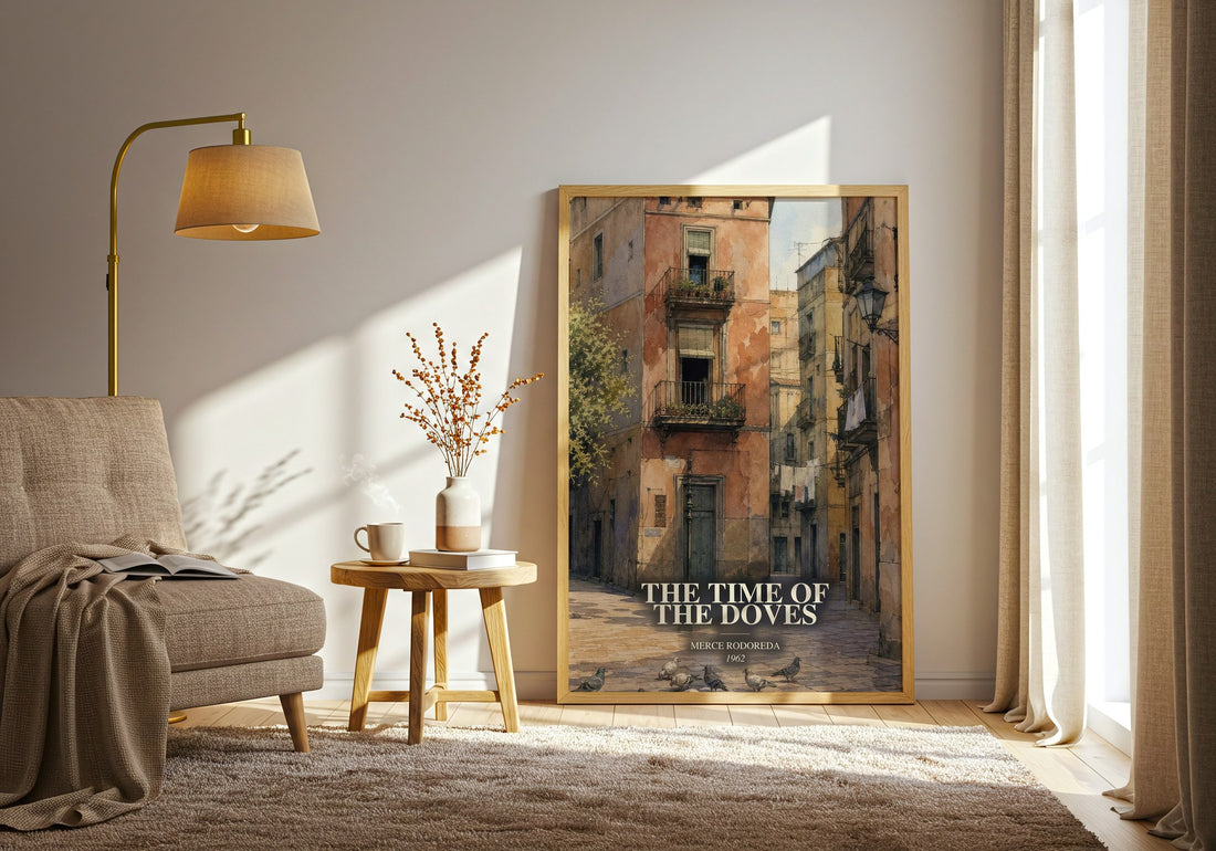 The Time Of The Doves watercolour print in frame leaning in hallway – literary fiction wall art