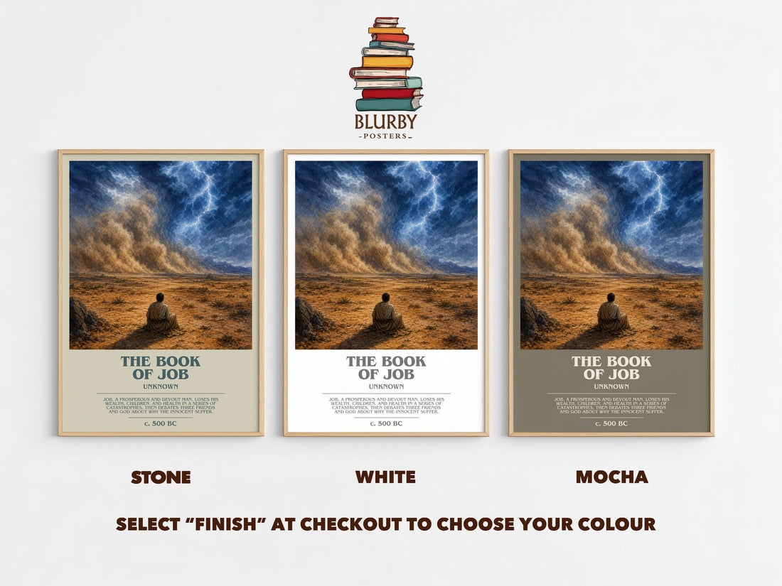 The Book of Job bookish print framed by window – Stone, White and Mocha side by side – choose your colour