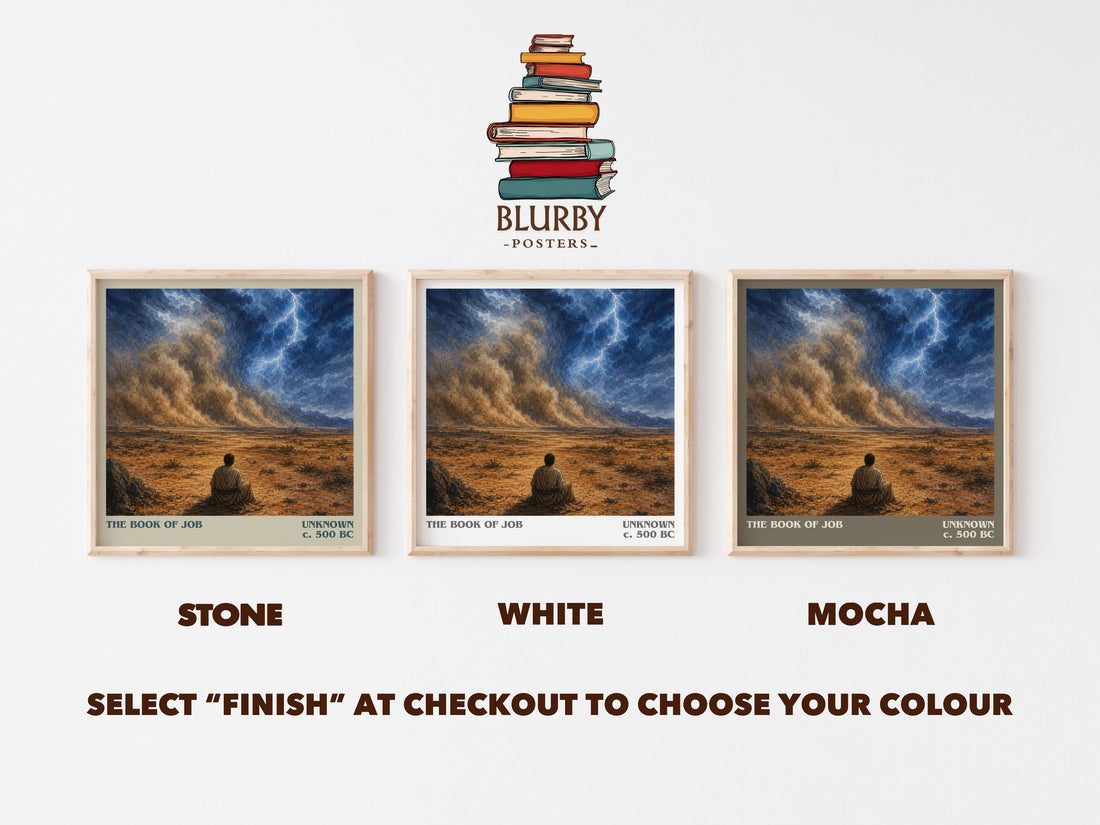 The Book of Job literary print framed by window – Stone, White and Mocha square prints side by side – choose your colour