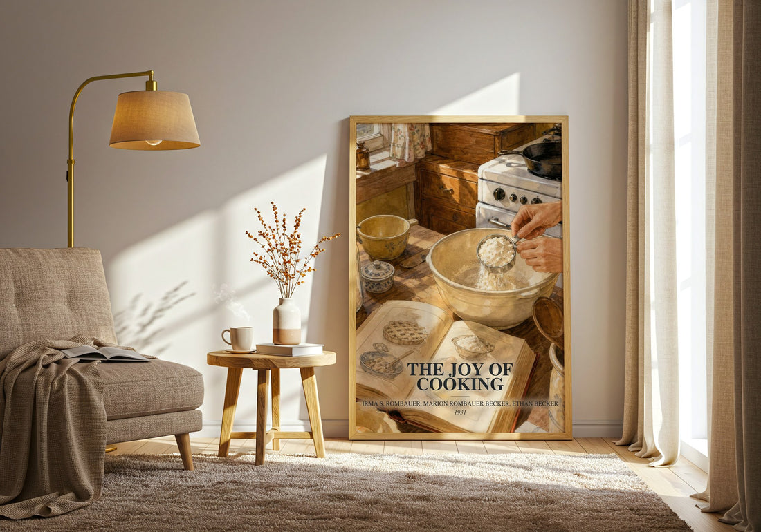 The Joy of Cooking watercolour print in frame leaning in hallway – __new__:cookbook wall art