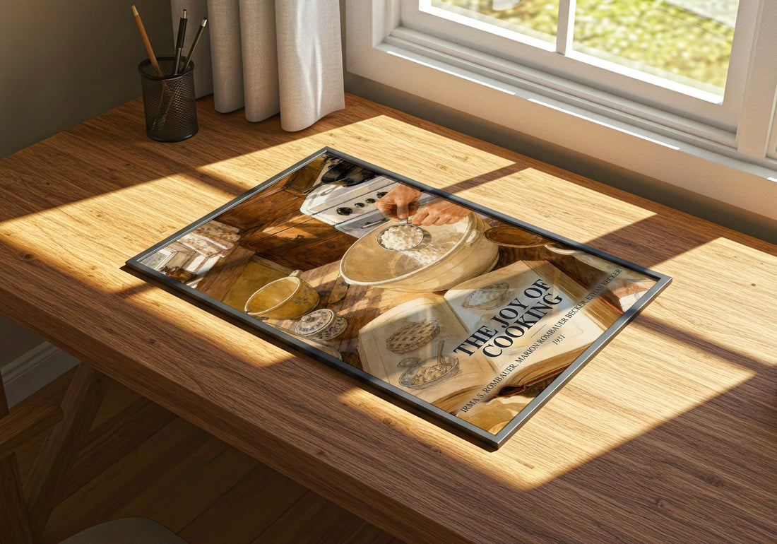 The Joy of Cooking watercolour book poster framed on wall – __new__:cookbook wall art