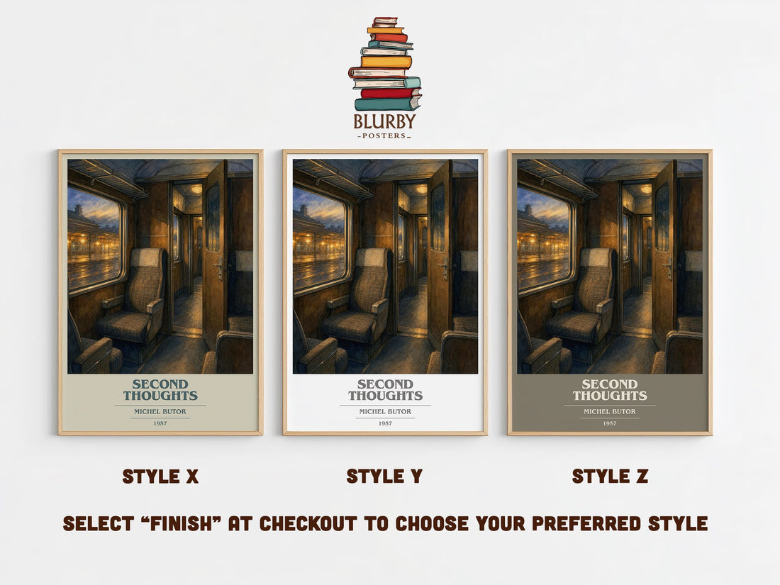 Second Thoughts book cover print in frame leaning in hallway – literary fiction wall art (mockup)